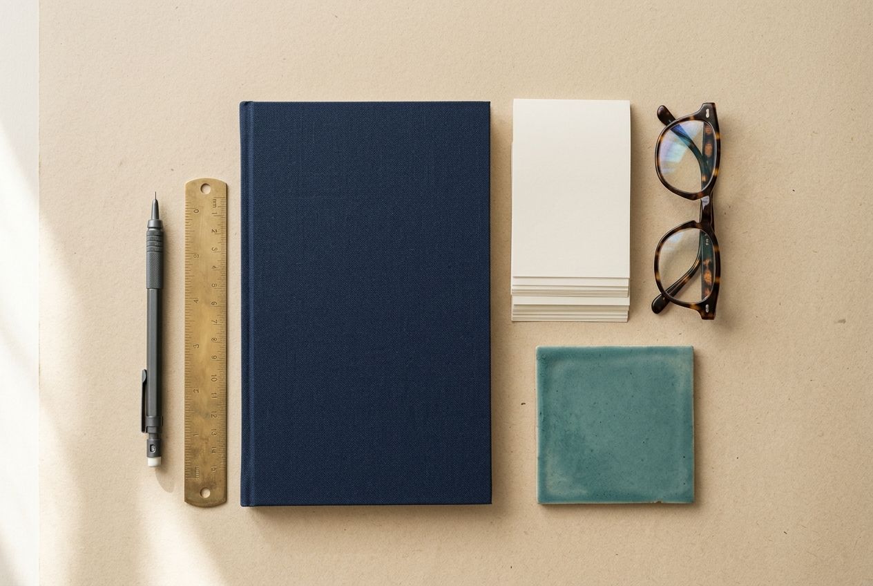 Professional desk with pencil, ruler, notebook and glasses